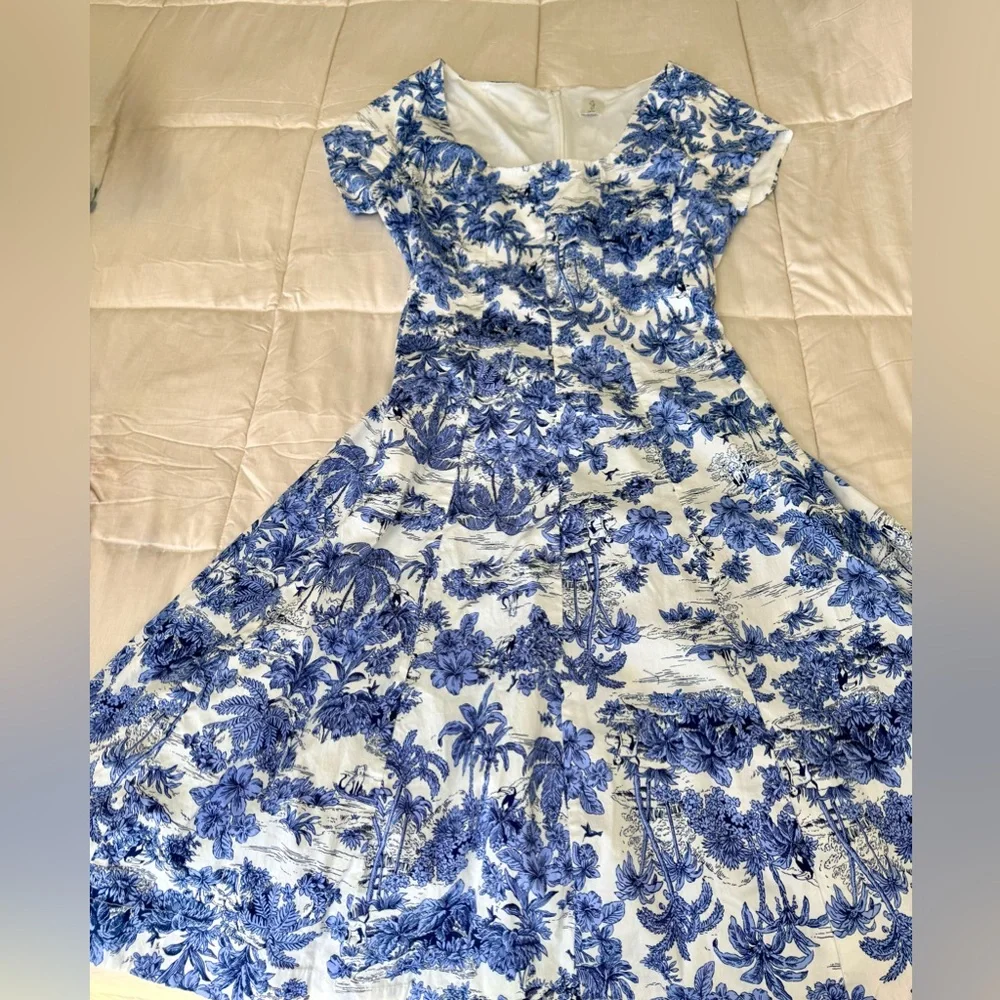 Joie Blue and White Toile print preppy midi dress Cottagecore zip back XL EUC - Picture 8 of 17
